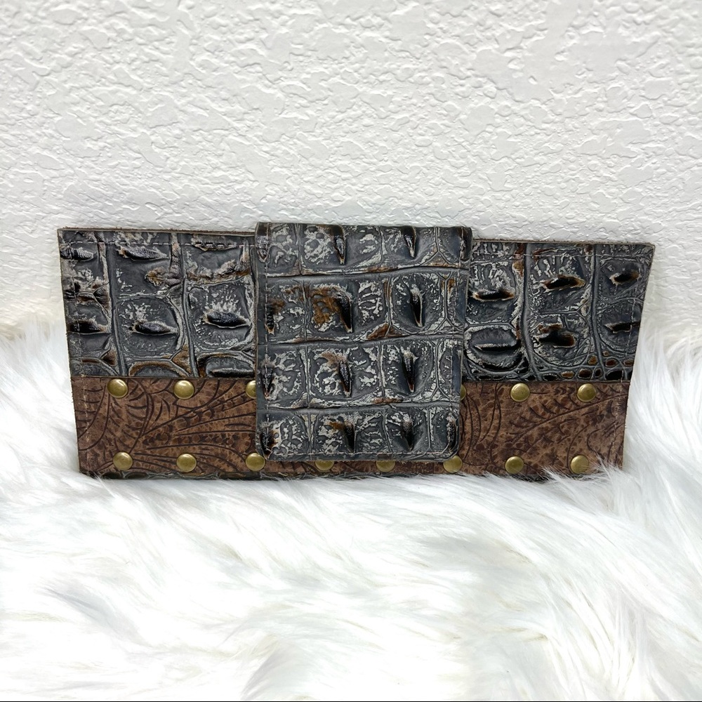Leather Goods Crocodile and Tooled Wallet Clutch.